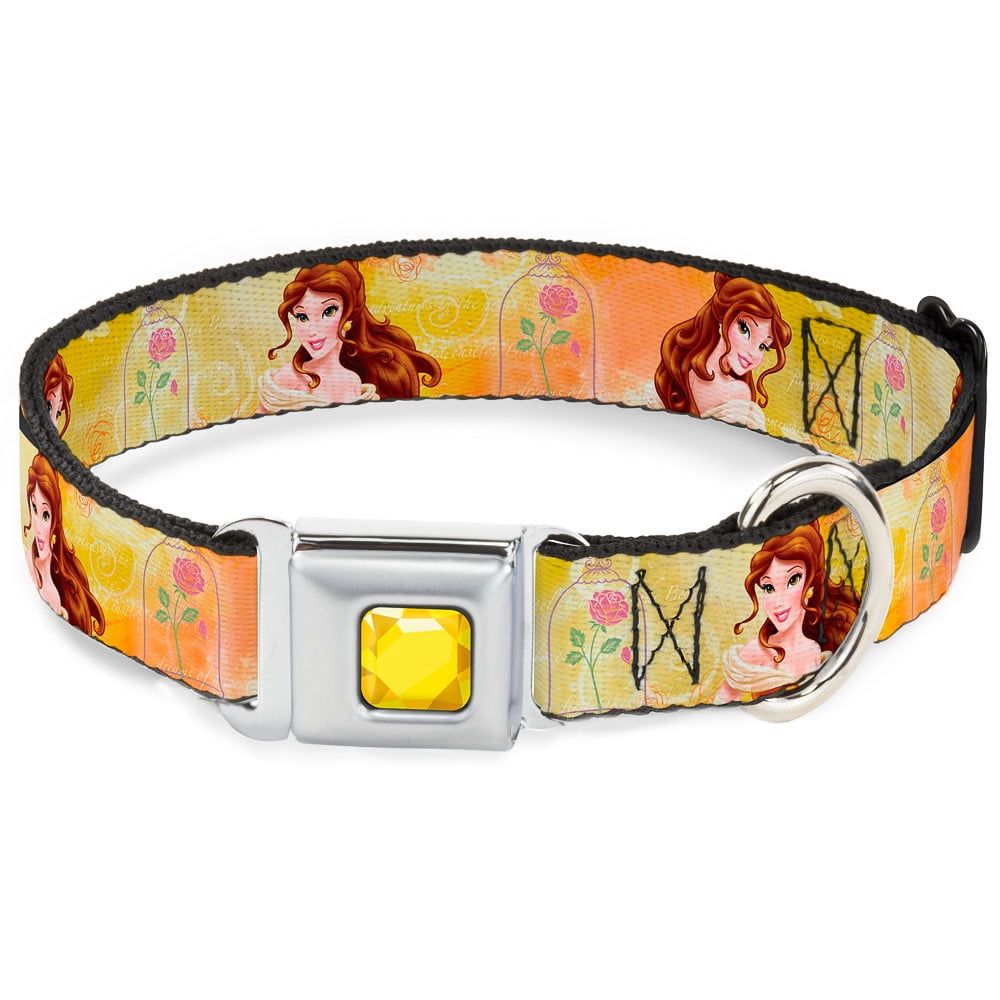 Disney Pet Collar, Dog Collar Metal Seatbelt Buckle, Belle Poses Enchanted Rose Story Script Yellow Pinks, 9.5 to 13 Inches 1.0 Inch Wide