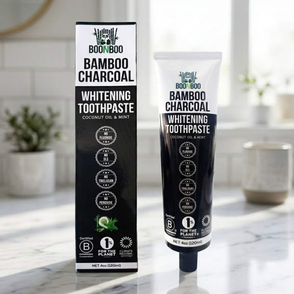 BOONBOO Bamboo Charcoal Toothpaste | 4oz / 120ml | Mint Flavor | Aluminum Tube with Bioplastic Cap | 100% Plastic-Free  Recyclable | Charcoal Paste for Teeth Cleaning  Whitening