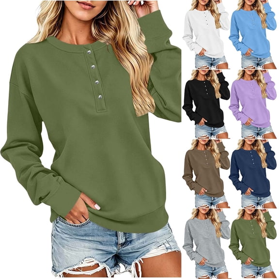 GERsome Sweatshirt for Women Henley Button Crew Neck Long Sleeve Pullover Tops Solid Color Army Green L