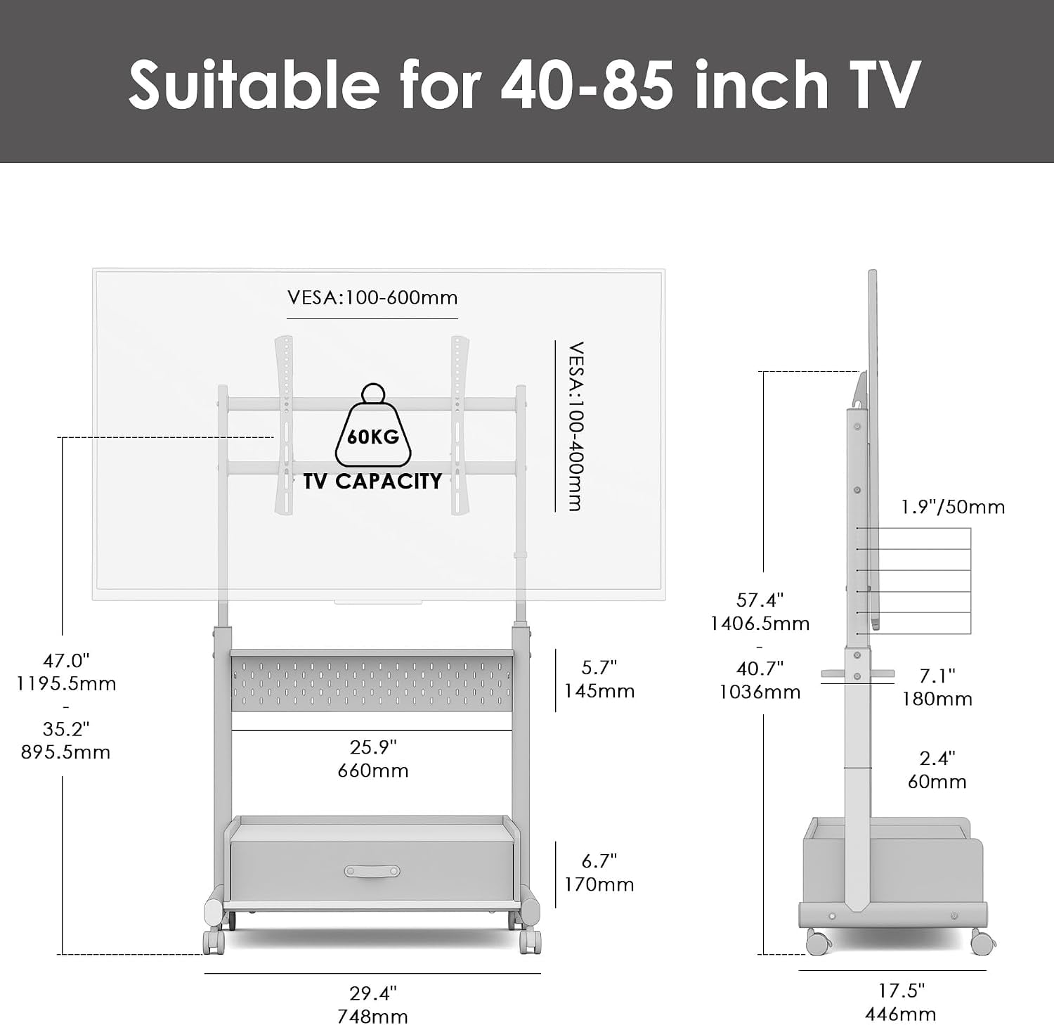 FITUEYES Rolling TV Stand for 40–85 Inch TVs, Black, Drawers & Pegboard, Storage Shelf