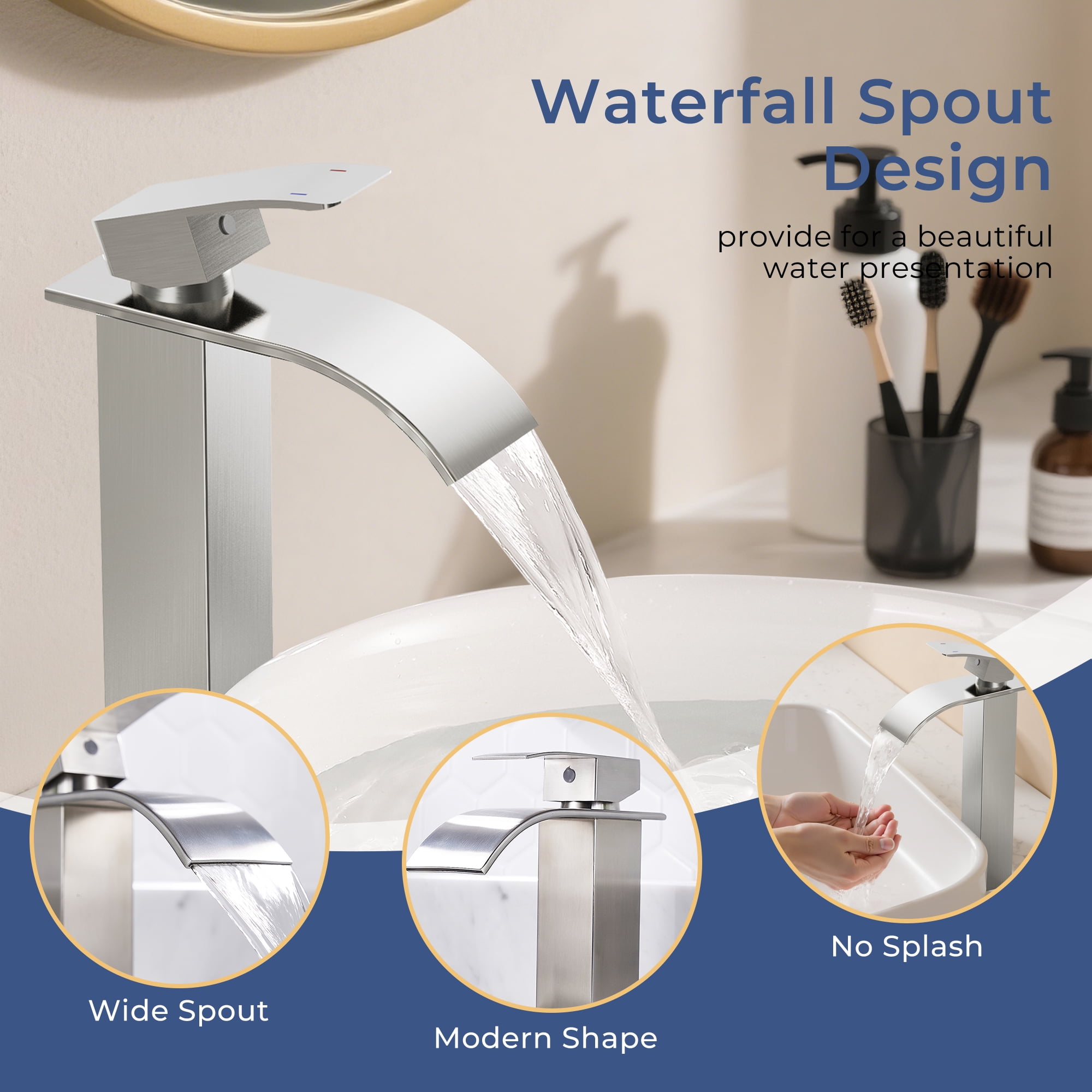 TVOFEK Vessel Sink Faucet Brushed Nickel, Tall Waterfall Bathroom Faucet One Hole with Pop Up Drain and cUPC Hoses for Countertop Sink Basin