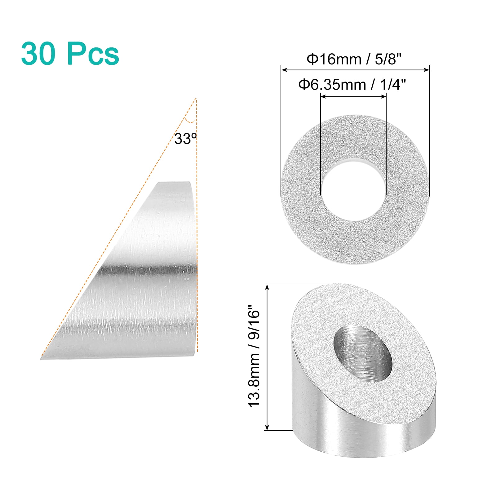 Uxcell 30 Pack 1/4 Inch 33 Degree Angle Beveled Washer, Silver