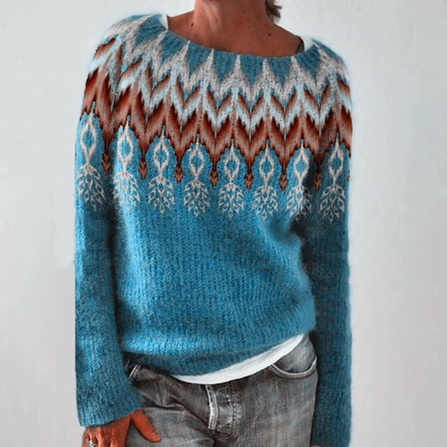 Frostluinai Chandails Fair Isle pour Femmes Manches Longues Vintage Tricot Col Rond Chandails Décontractés Bloc de Couleur Chandails de Vacances Chandails pour Femmes