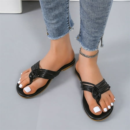 

uikmnh Women Shoes Ladies Fashion Solid Color Bow Knot Clip-On Beach Casual Flat Sandals Black 7