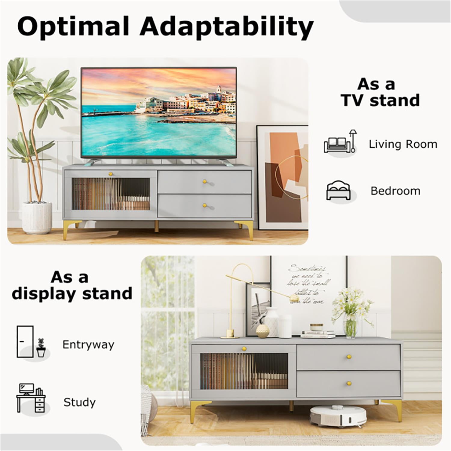 Demi Bonn TV Stand for 55" TVs, Entertainment Center with Compartment and Drawers, Modern Media TV Console Table for Living Room Bedroom, Gray
