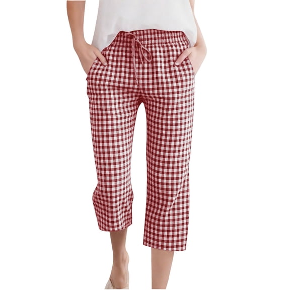 Girls' Capri Pants Wide Leg Drawstring Kids Summer Lightweight Cropped Sweatpants Pockets Kids Gingham Pants Plaid Leggings