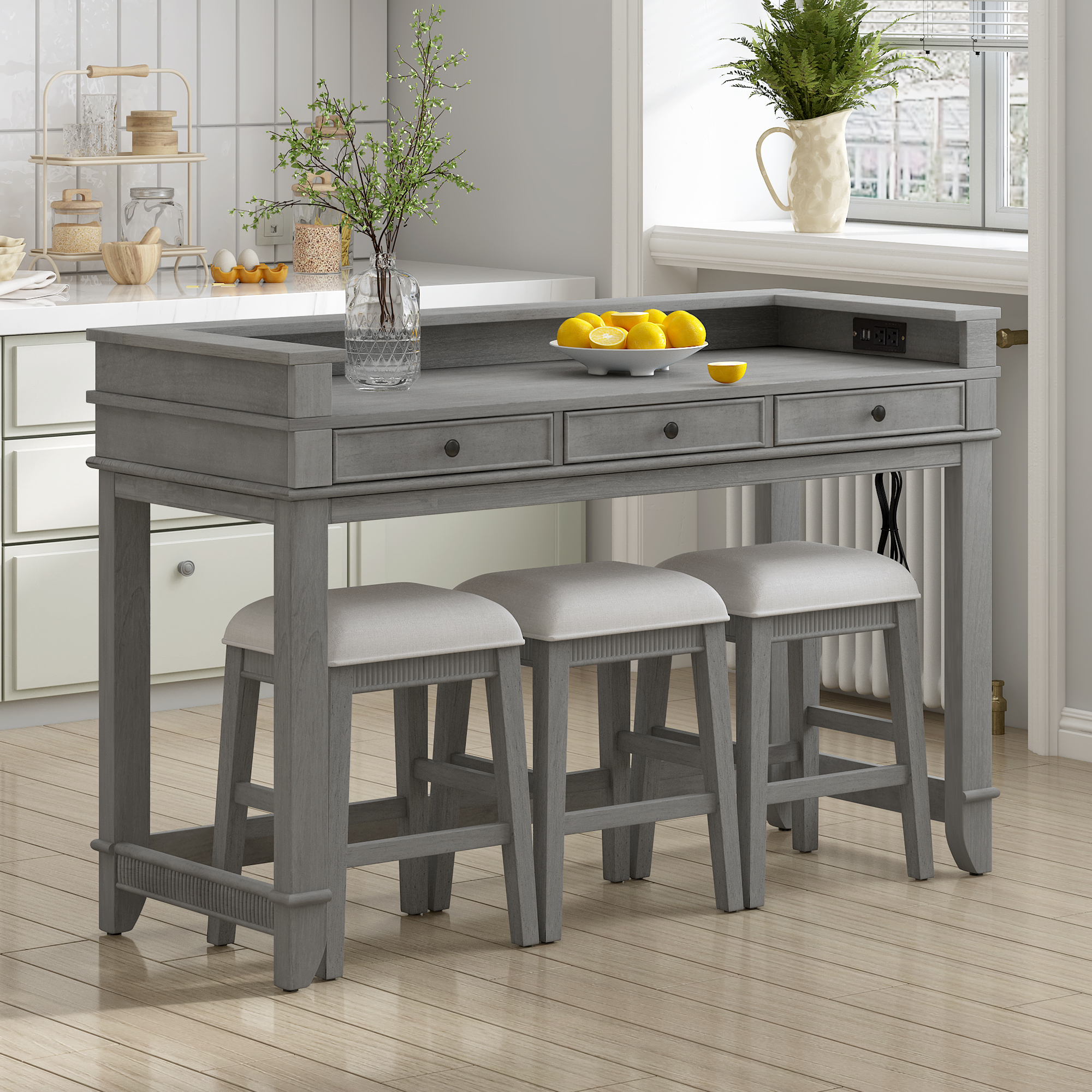 Euroco 4-Piece Kitchen Bar Table and Chairs Set for 3,Retro Dining Room Set with Power Outlet,3 Drawers & 3 Stools for Small Spaces,Light Grey