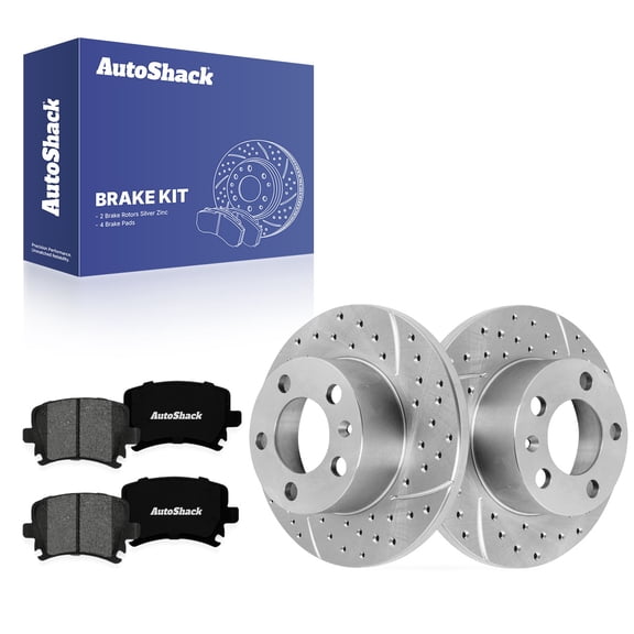 AutoShack Rear Solid Drilled & Slotted Silver Zinc Coated Brake Rotors   Premium Ceramic Pads 6-PC Brake Kit Replacement for 2007-2009 Volkswagen Jetta SilverShield Pro 9.13" (232 mm)