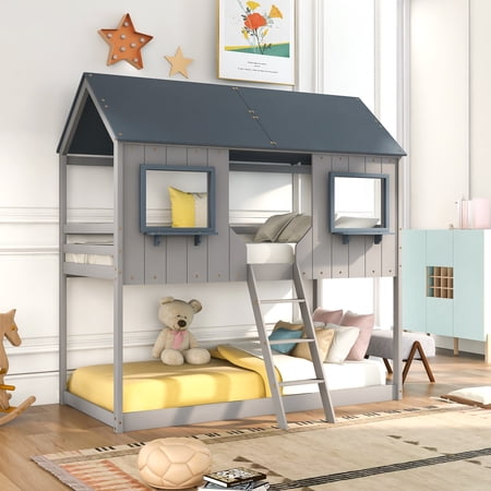 Gray Twin Over Twin Wood Bunk Bed with Roof, Window, Guardrail, Ladder