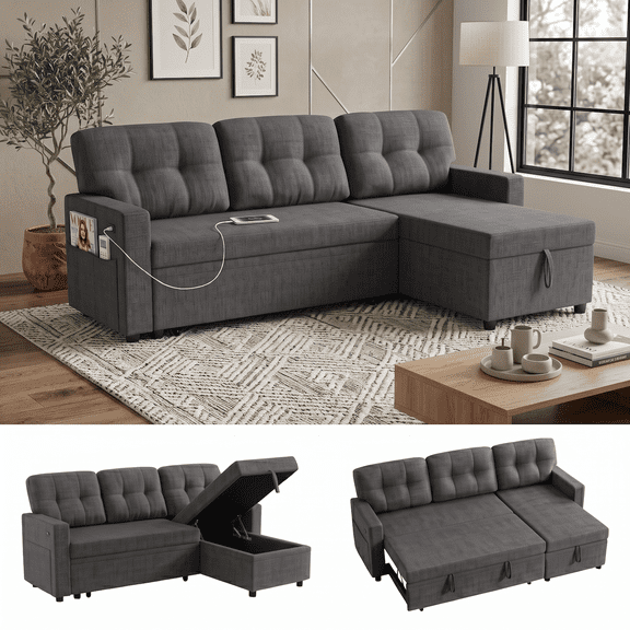 Convertible Sectional Sleeper Sofa Bed, 82" L Shaped Sofa with Pull Out Couch, Reversible Chaise, Storage & Charging Ports, Linen Fabric 3 Seater Couch for Small Spaces Living Room, Dark Gray