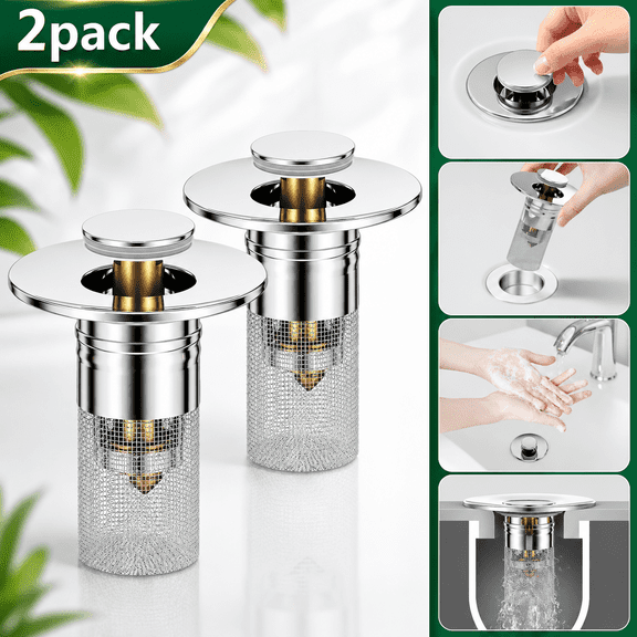 2 Pack 3 in 1 Sink Drain Strainer with Hair Catcher, Stainless Steel Pop Up Sink Stopper with Filter Basket, Bounce Core Floor Basin Drain Filter Replacement Sink Plug for Bathroom Kitchen Shower