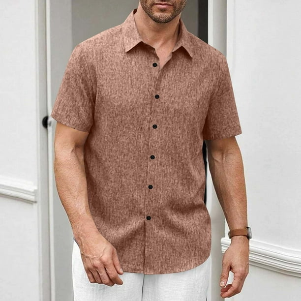 Camisetas Elvqul Hombre Algodón Café Manga Corta Casuales Lino sin Estampado con Solapa Botones