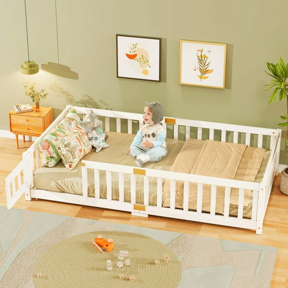 Slsy Twin Size Toddler Floor Bed, Solid Wood Montessori Bed Frame with Fence & Door Montessori Floor Bed Crib with Safety Guardrails for Girls and Boys