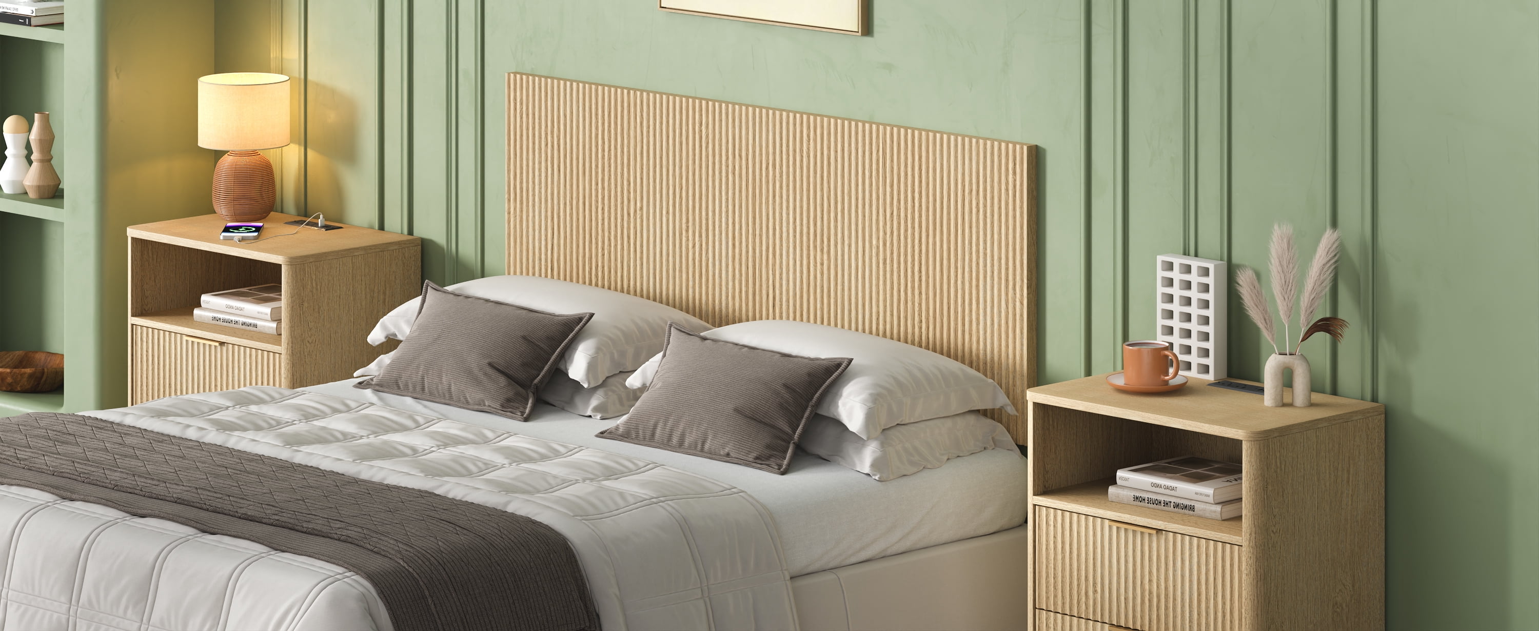 Modern Wavy Wooden Headboard 60.8 Inch for Queen Bed, Vertical Wood Grain Design with Easy Wall-Hanging Assembly, Bohemian Style, Easy Install, Oak