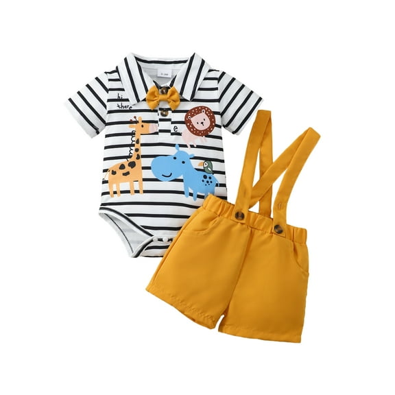 KIMI BEAR Newborn Baby Boys Outfits 0-3 Months Summer Clothes Sets Short Sleeves Animals Striped Print Romper Top Solid Color Suspender Shorts with Pocket 2pcs Clothing Yellow