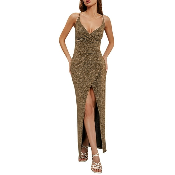 KaLI_store Women's Formal Dresses Women's V Neck Sequin Gown Long Prom Evening Party Dress Khaki,M