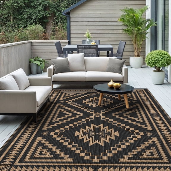 KUETH 6' x 9' Outdoor Rug Waterproof for Patio Carpet Plastic Reversible Straw Outdoor Rug for Camping Picnic Geometric Mat ,Black & Brown