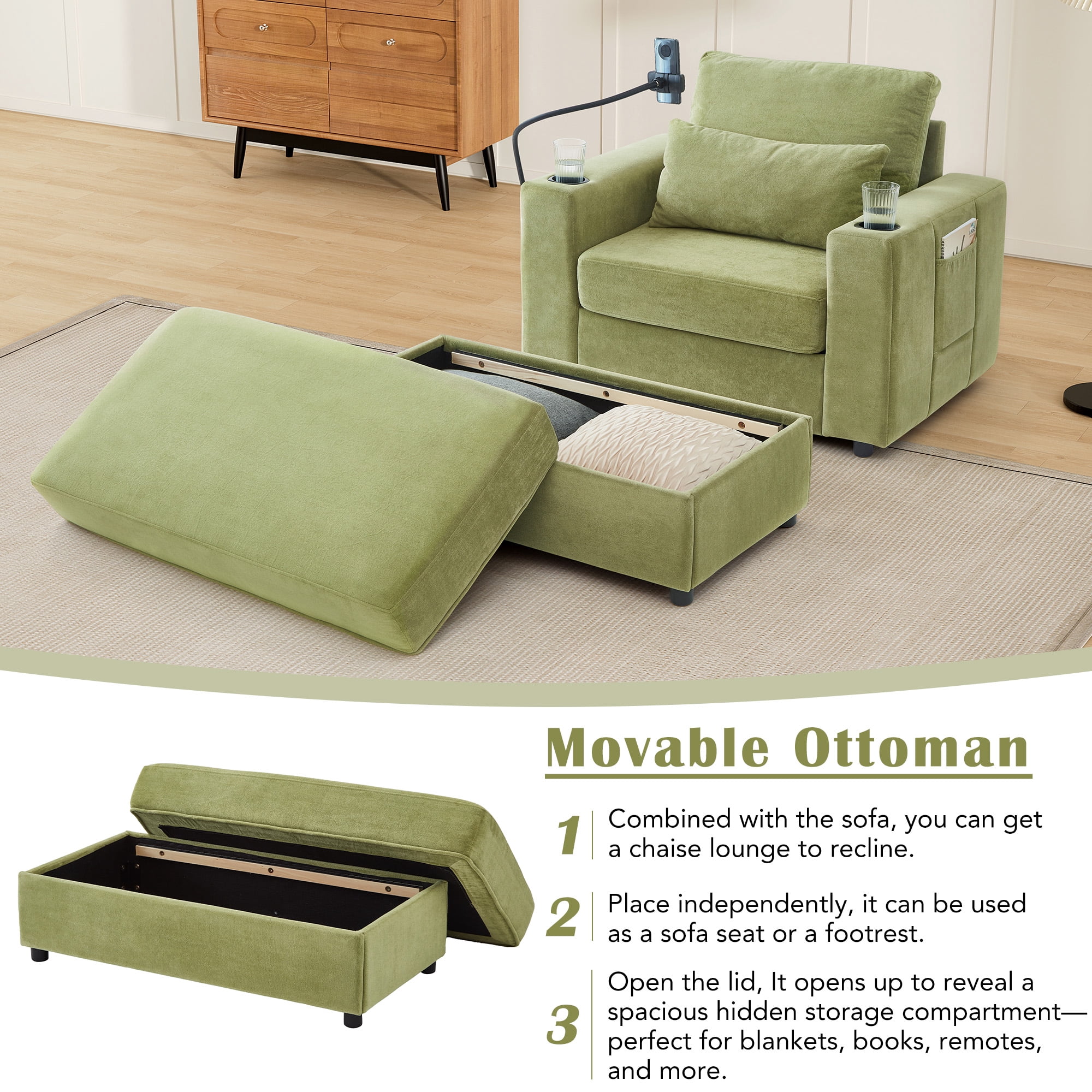 Euroco Convertible Chenille Recliner Chair with Storage Ottoman, USB Ports, Cup Holders & Phone Stand – Sleeper Armchair with Adjustable Backrest for Small Spaces