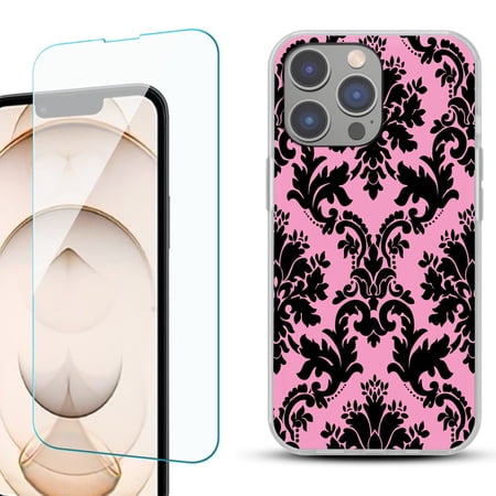 Slim-Fit Gel TPU Phone Case for iPhone 14 Pro with Tempered Glass Screen Protector by OneToughShield ® - Victorian Pink/Black