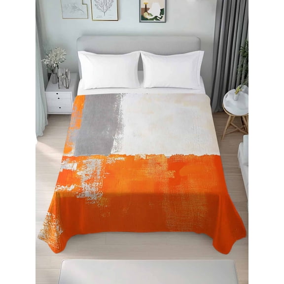Burnt Orange Grey California King Size Flat Sheet, Wrinkleproof & Fadeproof Cooling Flat Bed Sheet Only, Abstract Modern Geometric Oil Painted Breathable Soft Bedding Top Sheets 108 x 98 Inches