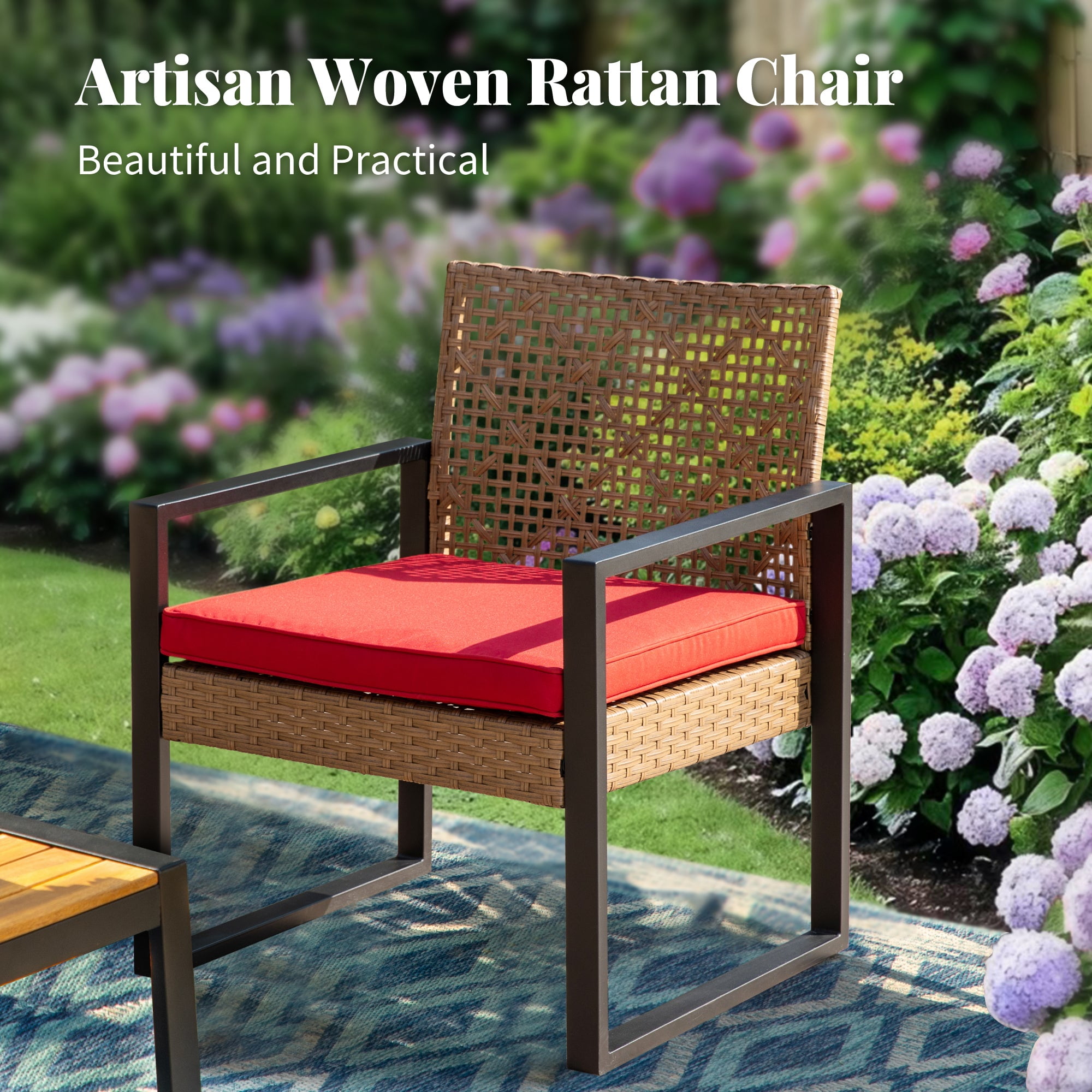 MF Studio 4-Piece All-Weather Rattan Patio Furniture Set, Outdoor Conversation Set with Wood Table, Brown and Red