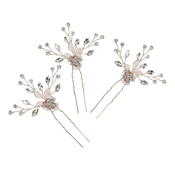 3Pcs Wedding Hair Pins Crystal Flower Bridal Updos Hair Accessory For Bride Bridesmiad Wedding Hair Comb Rose Gold