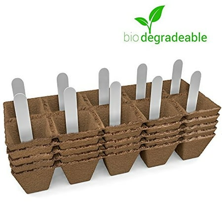 Seed Starter Peat Pots Kit | Germination Seedling Trays are Biodegradable and Organic | 10 Plastic Plant Markers Included | 5 Pack - 50 Cells