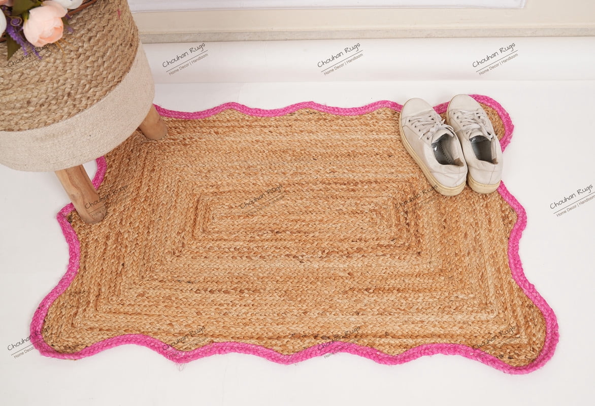 Rectangle Rug Natural Jute Rug Hand Braided Beige and Pink Color Rounding Line Area Rug