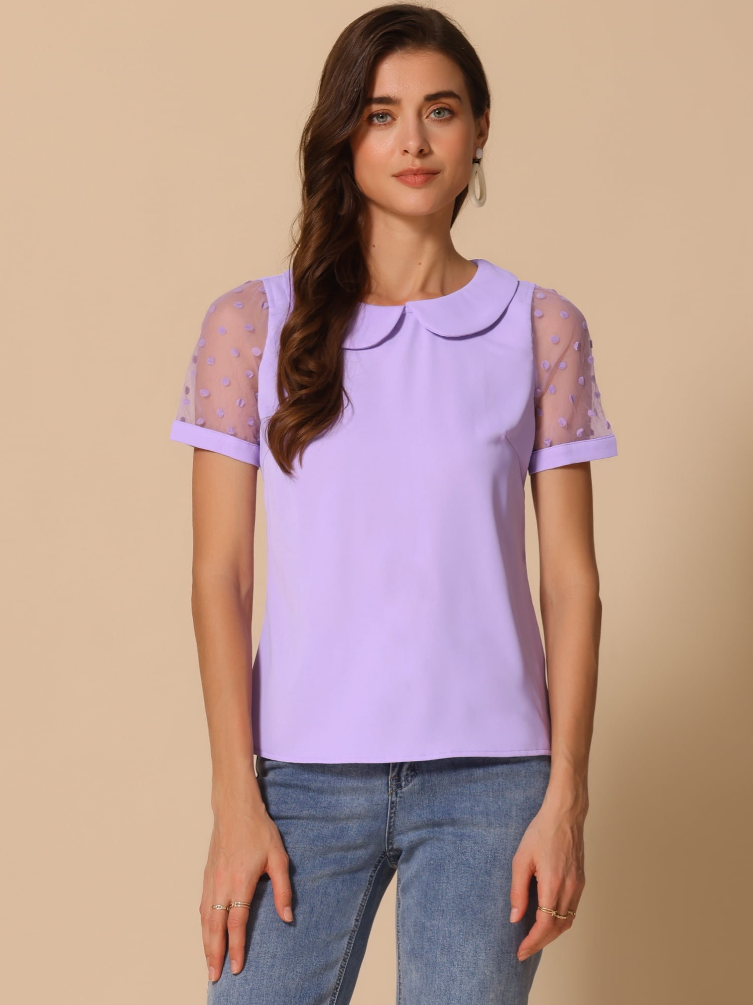 DARING DIVA Women's Polka Dots Mesh Peter Pan Collar Blouse M Purple