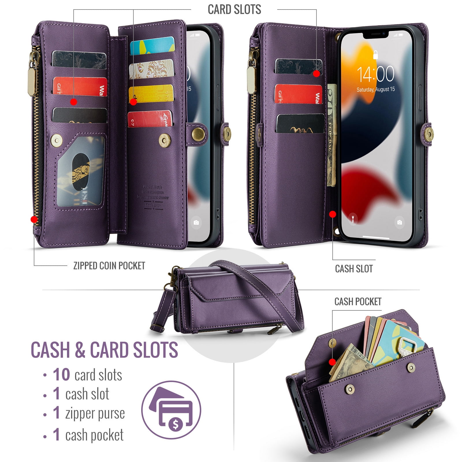 Compatible with iPhone 14 Pro Max 6.7 inch Zipper Wallet Phone Case Tempered Glass Screen Protector Crossbody Lanyard Strap Flip Card Holder Slot Cell Cover for iPhone14promax 5G i 14Max Women Purple