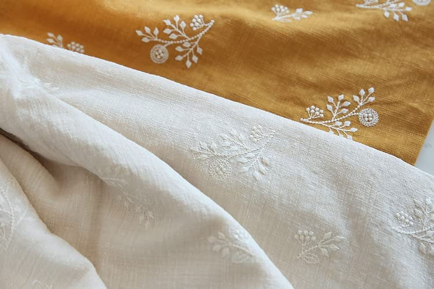 CraftDesignL Floral Cotton Embroidered Fabric - Japanese, Quilting, Designer Fabric by Yard - Linen Cotton (Beige)