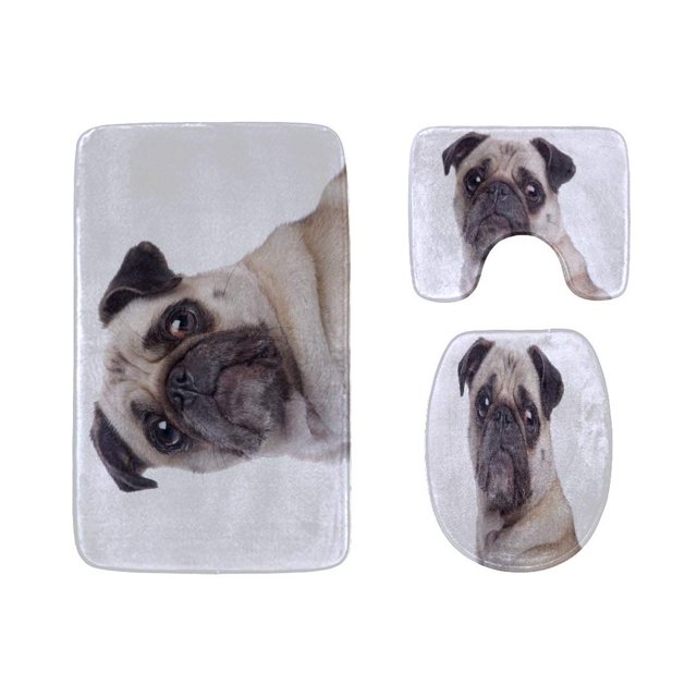 ABPHQTO Lindo Perro Pug Raza Sonrisa Cara Divertida Juego de alfombras de baño de 3 piezas Alfombra de baño Alfombra de contorno y tapa de inodoro ABPHQTO Cont-CHAPPLE-14777