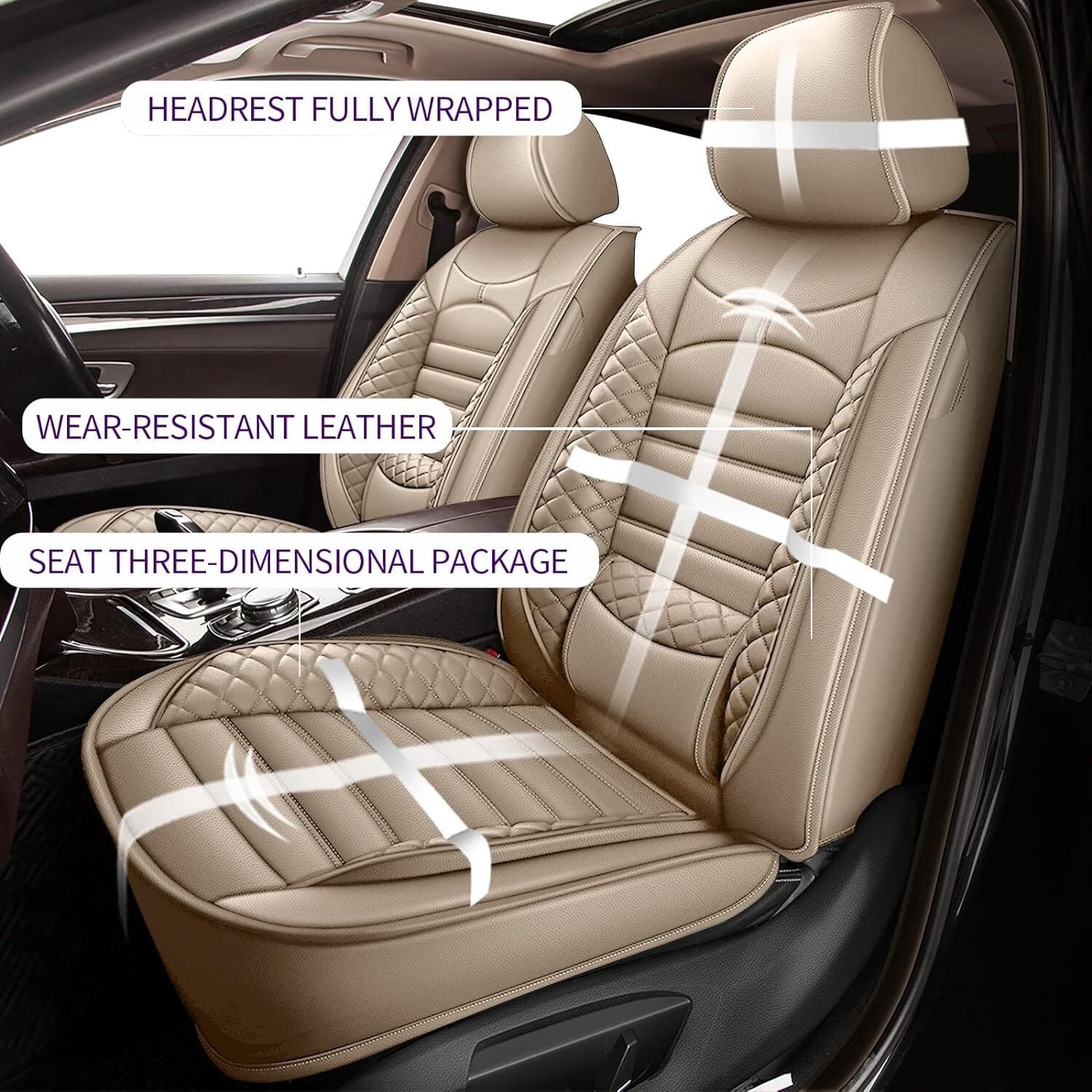 AOMSAZTO Fit for Ford C-Max Hybrid 2013-2018 Beige Car Seat Cover 5-seat Faux Leather Full Set Compatible Airbag