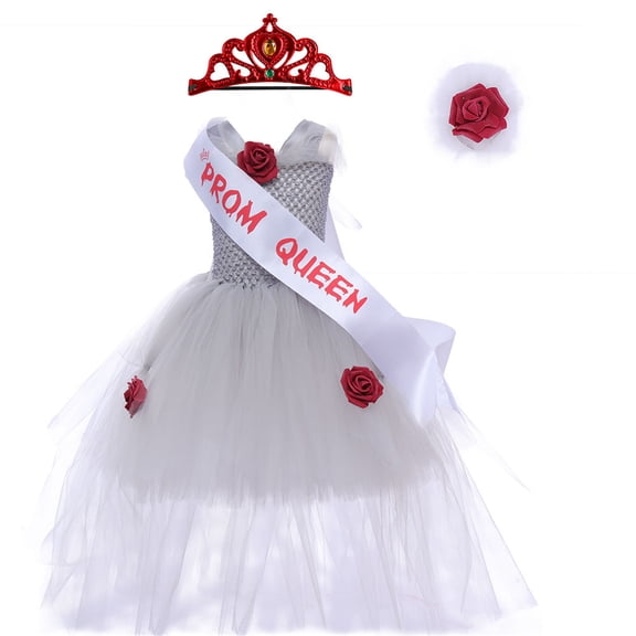 Halloween Prom Queen Dress, Black Tulle Gown with Red Rose & Sash, No Crown Included for Stage Performance, L
