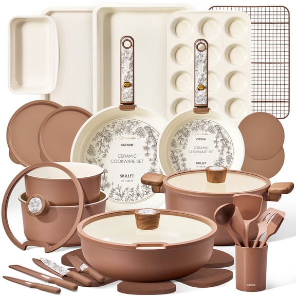 CAROTE 39-Pieces Ceramic Cookware Set, Nonstick Pots and Pans with Floral Detachable Handles, Induction Compatible, Diswasher Safe, Brown