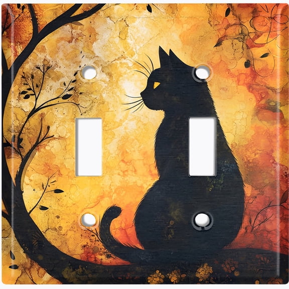 Metal Light Switch Wall Plate Outlet Cover (Printed Image of Gothic Cat Silhouette - Double Toggle)