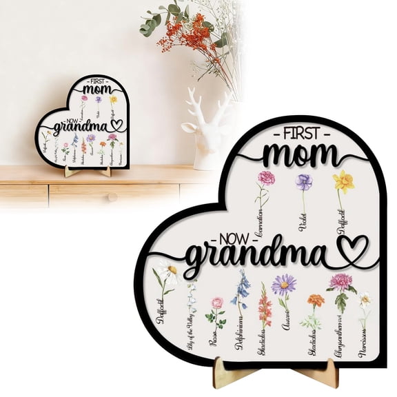First Mom Now Grandma Customized Plaque, Personalized Mothers Day Birthday Gifts for Mom Grandma, Grandmas Garden Decor with Names, Custom Birth Moth Flower Wooden Sign Frame Craft