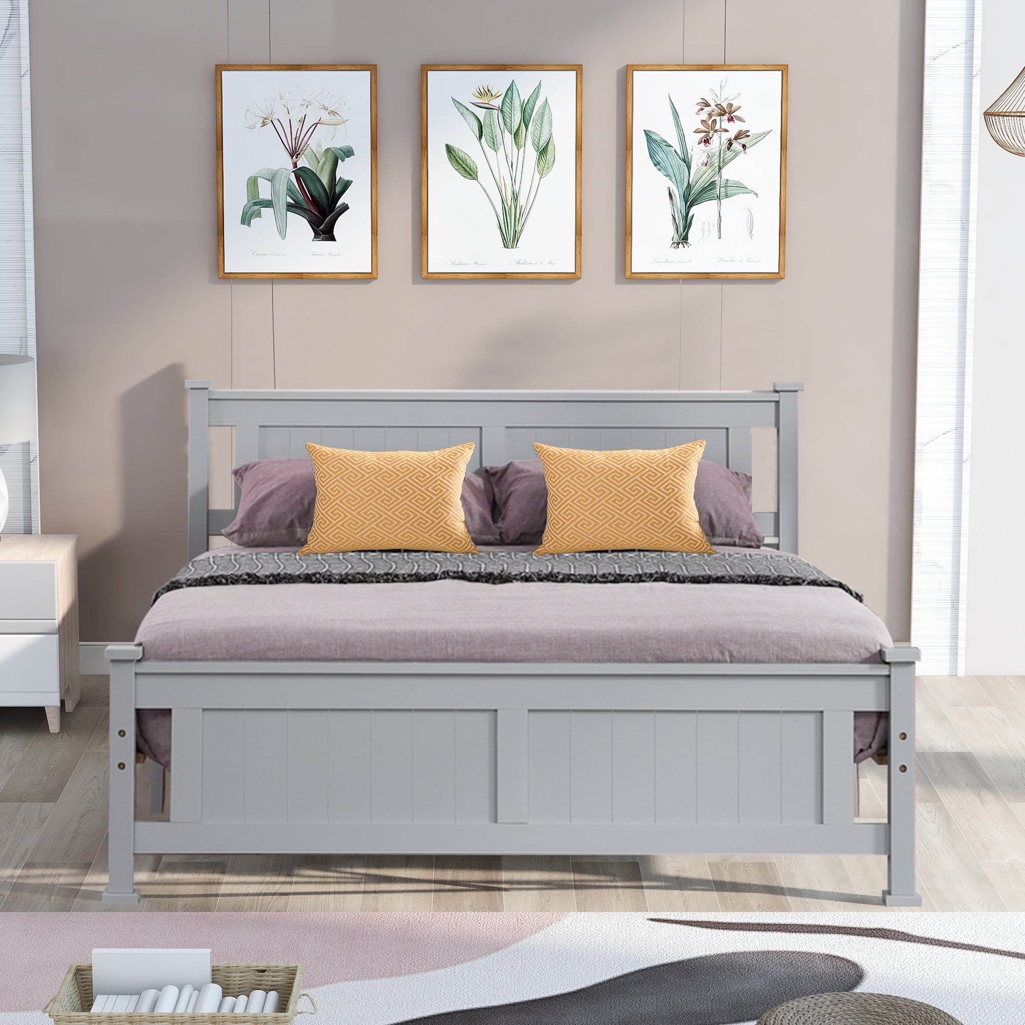 Gray Queen Bed Frame, Queen Size Wood Platform Bed Frame with Headboard ...