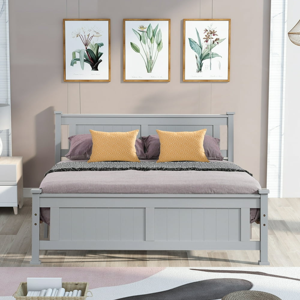 Gray Queen Bed Frame, Queen Size Wood Platform Bed Frame with Headboard