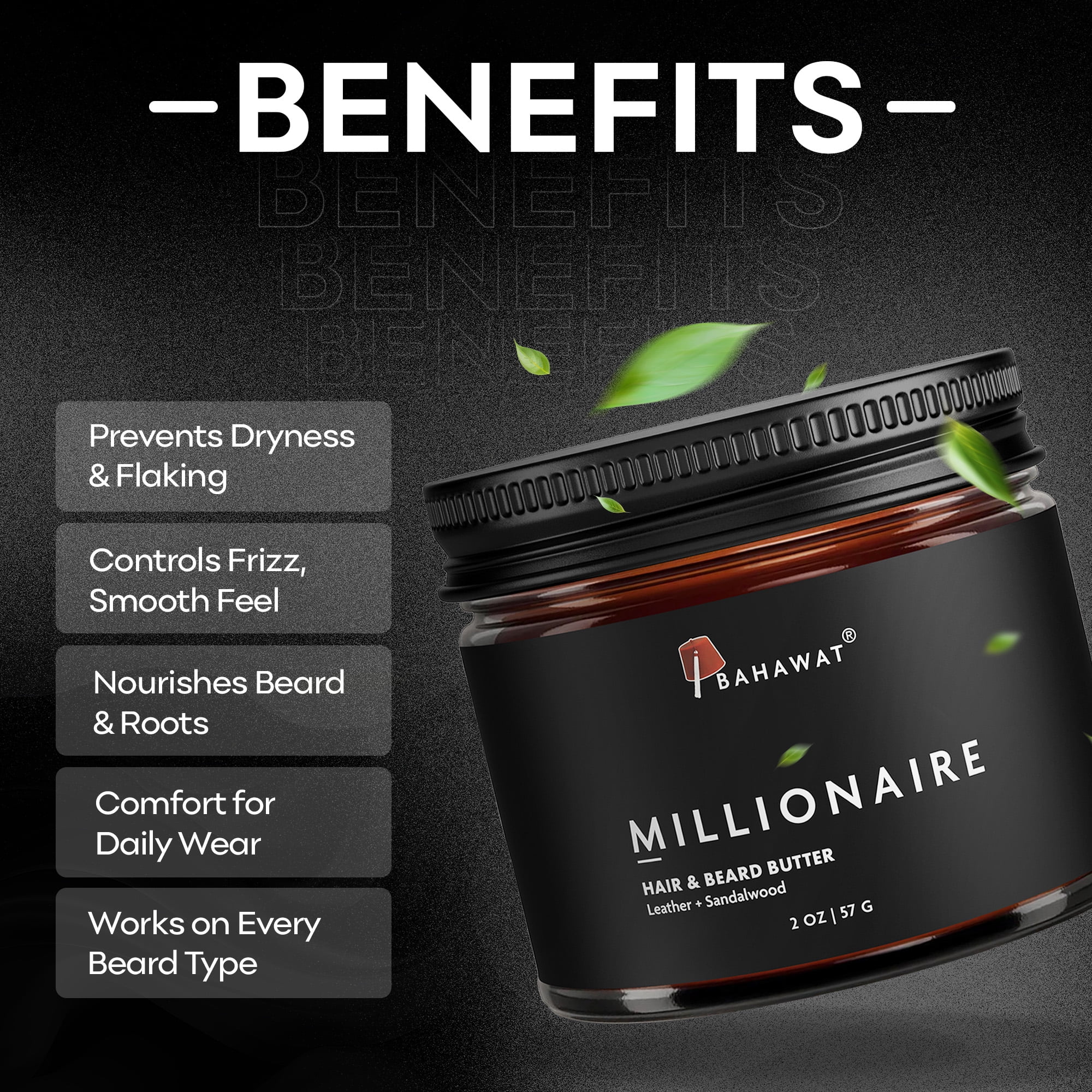 Bahawat Hair & Beard  Butter, Natural & Organic Leave-in Conditioner - Leather & Sandalwood 2 oz