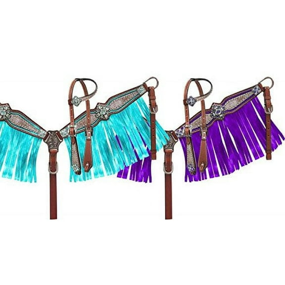 Showman Pony Headstall & Breast Collar Set w/ Holographic Snake Print & Metallic Fringe  (Purple)