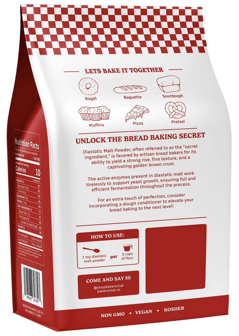 Bakers Club Artisan Diastatic Malt Powder 10oz - Enhance Flavor, Crust, Rise, Texture - Baking Bread, Pizza Crust, Pretzels, Desserts, Muffins, Bagels, Sourdough, Milkshakes - Made in USA, Malted Bar