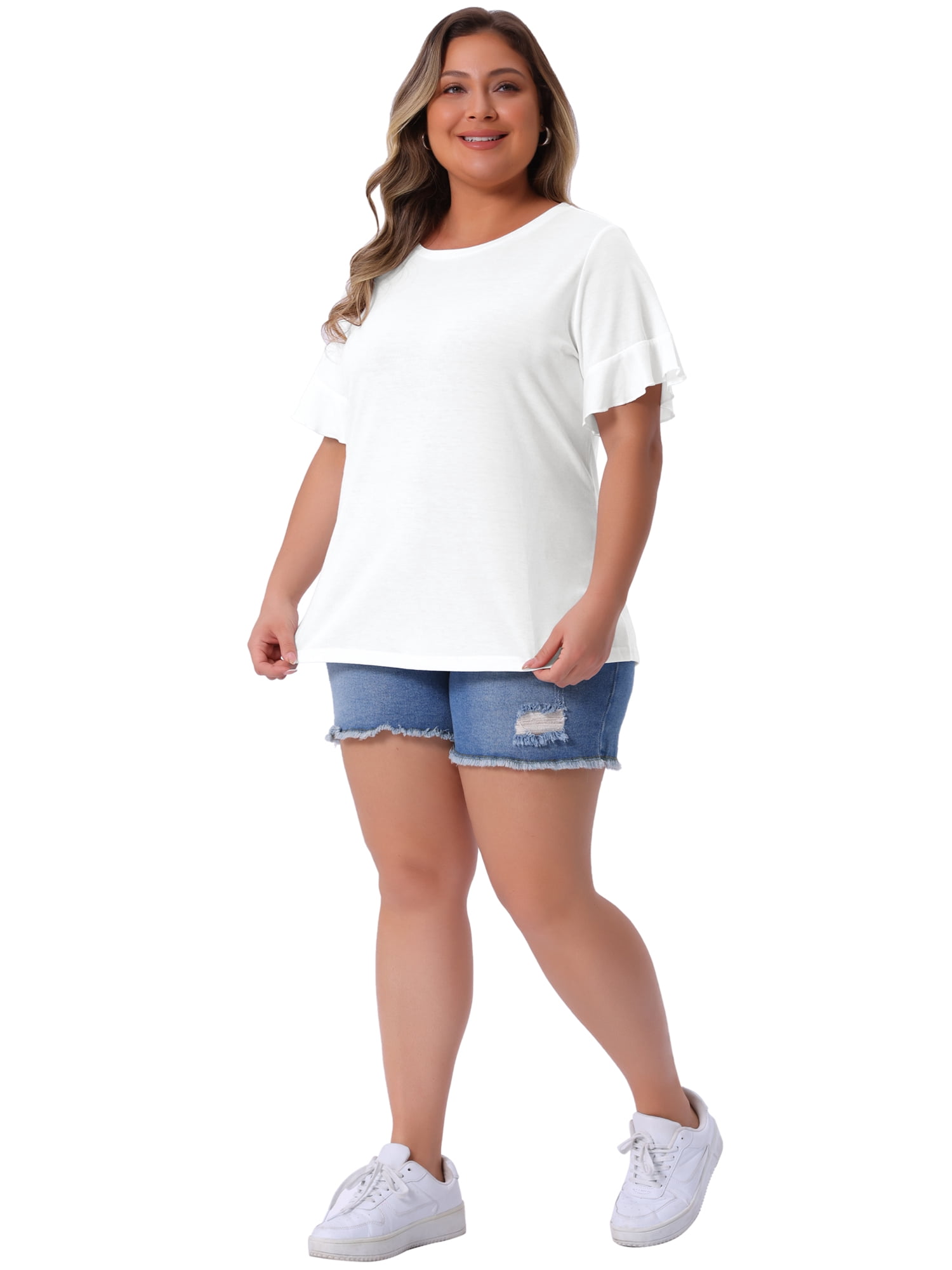 DARING DIVA Women's Plus Plain Crew Neck Ruffle Short Sleeves Blouse 4X White