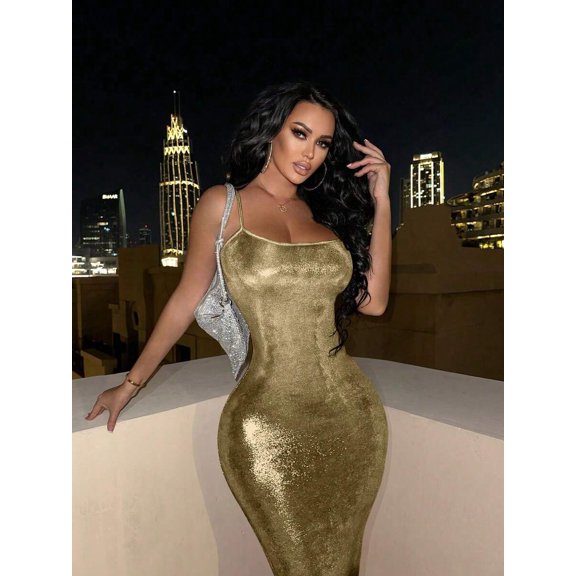 Gold Metallic Slim Fit Strappy Maxi Dress For Women