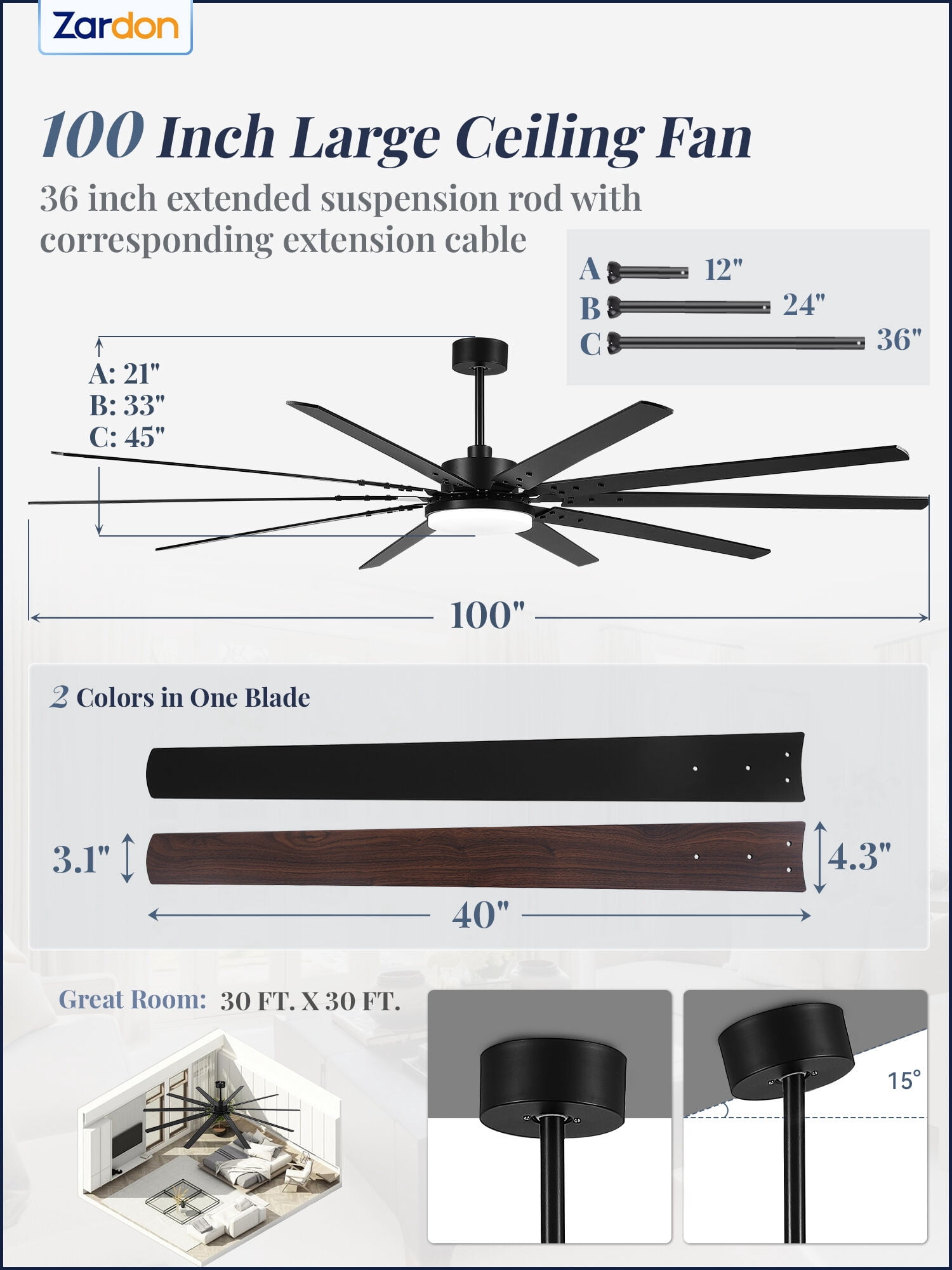 Zardon 100" Industrial Modern Ceiling Fan with LED Light and Remote, 10 Black Blades, Quiet Reversible DC Motor with 6-Speed for Large Room, Indoor