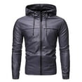 thumbnail image 1 of VSSSJ Men's Casual Leather Jacket with Drawstring Hooded Relaxed Fit Solid Color Long Sleeve Zip Up Youth Coats Leisure Outdoor Windproof Jackets Gray L, 1 of 5