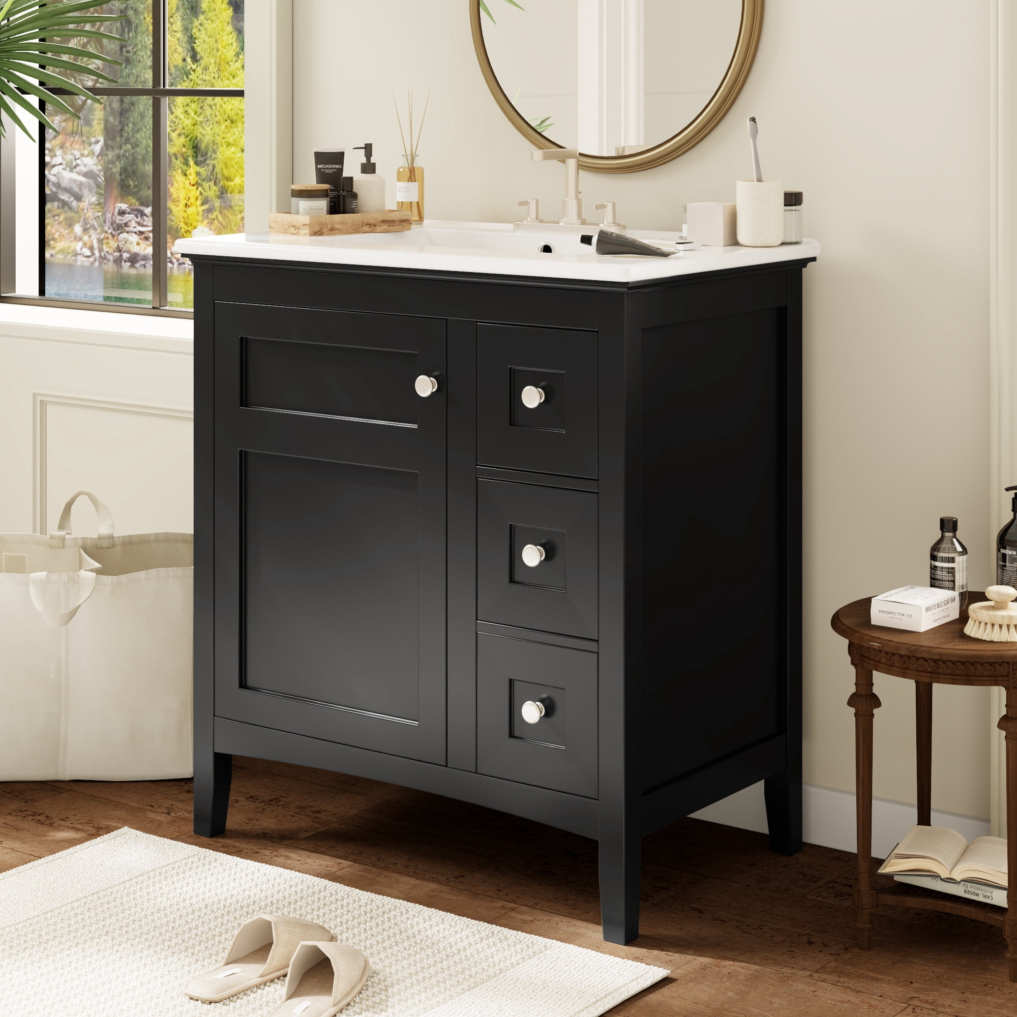 Euroco 30 Inch Bathroom Vanity with Ceramic Sink, Black Bathroom with 3 Drawers, Solid Wood Frame Modern Bathroom Storage Cabinet , Ideal for Home