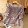 thumbnail image 2 of MIXUE Womens Summer Tops Solid Color Floral Embroidered Round Neck Long Sleeve Fashion Casual Shirts For Women Tshirts Outwear,Purple,XXXL, 2 of 6
