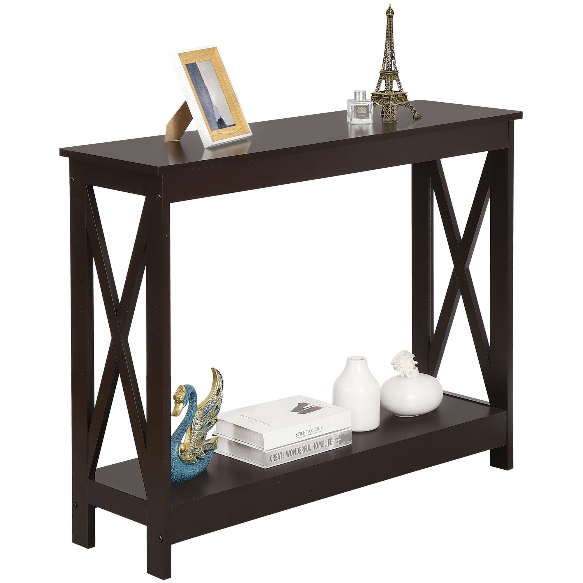 ZENY Home Entryway Wallmount Enhanced Console Table X Shaped MDF Frame, Brown