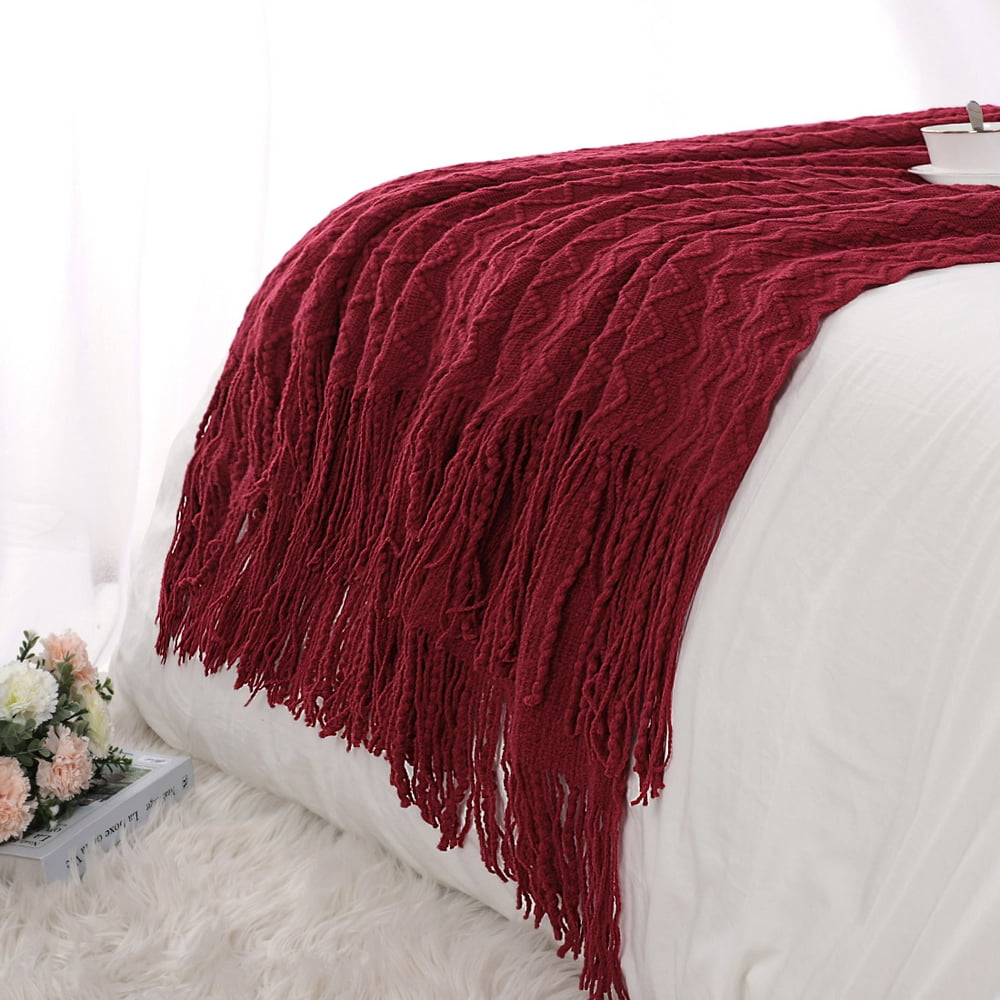 PiccoCasa Soft Acrylic Throw Blanket with Fringe Burgundy 50"x60